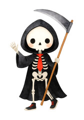 Cute Grim Reaper Watercolor Illustration, Halloween Skeleton Character with Scythe Clipart Isolated