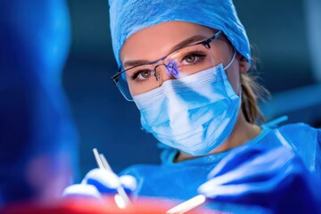 Close up of female surgeon wearing surgical mask, cap, glasses and gloves, holding surgical instruments and performing surgery in operating room