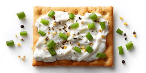 Crispy Cracker with Creamy Spread: A tantalizing close-up of a square cracker generously adorned with a velvety spread, crowned with vibrant green chives and an artful sprinkle of seasoning.