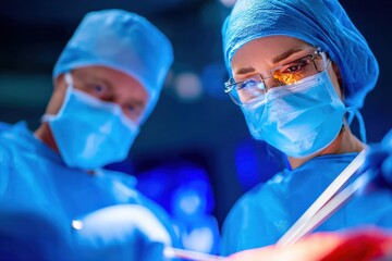 Team of skilled surgeons collaborating in an operating room, utilizing advanced surgical instruments to perform a critical procedure