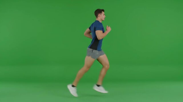 Energetic Young Man Jogging and Running in Athletic Wear on Green Screen