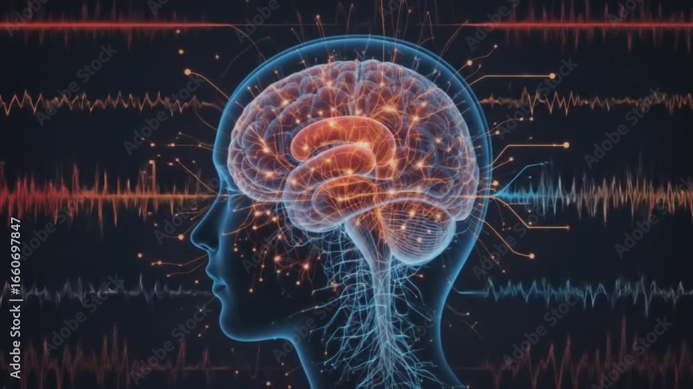 Poster anatomy of the human head and brain with various types of waveforms generated by brain activity on a