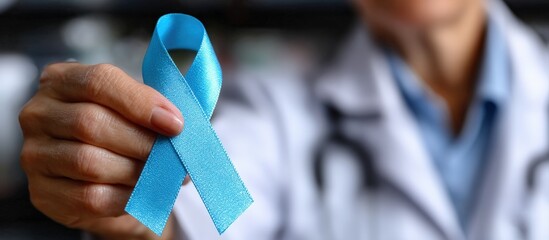 Doctor holding light blue ribbon, prostate cancer awareness, medical healthcare concept for people living and illness