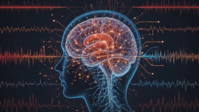 Anatomy of the human head and brain with various types of waveforms generated by brain activity on a dark background. 4k video