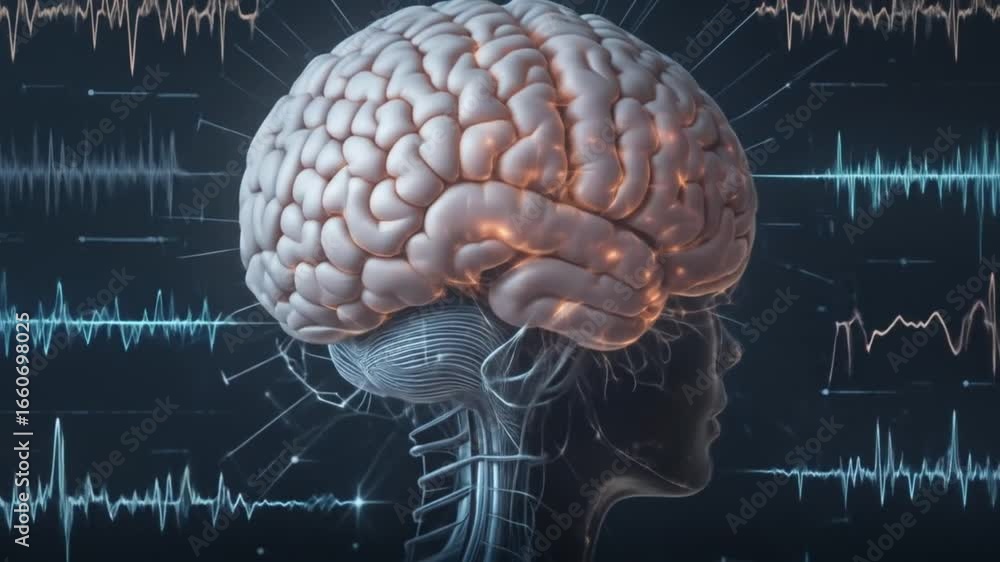 Poster anatomy of the human head and brain with various types of waveforms generated by brain activity on a