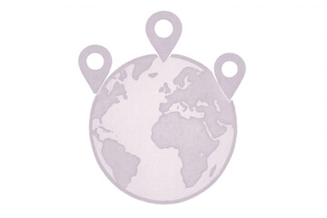 Obraz premium Location pins marking global destinations, positioned on light purple textured earth globe against transparent backdrop