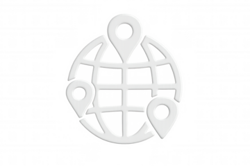 White 3d render of earth globe with location pins, representing global positioning, travel, and navigation, on a transparent background