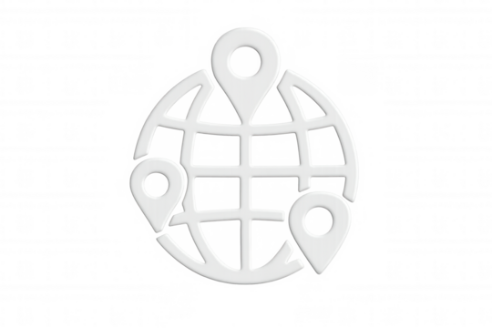 White 3d render of earth globe with location pins, representing global positioning, travel, and navigation, on a transparent background