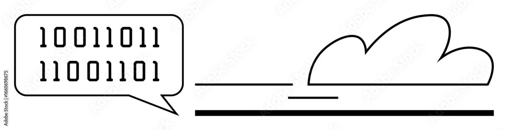 Poster binary code speech bubble flowing to a cloud outline with horizontal lines symbolizing connection. i