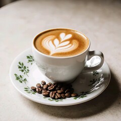 Title:
Cup of latte coffee with detailed latte art on saucer with roasted coffee beans beside