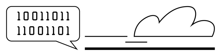 Binary code speech bubble flowing to a cloud outline with horizontal lines symbolizing connection. Ideal for technology, cloud computing, data transfer, internet, innovation, communication, and cloud