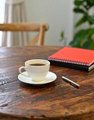 Coffee, notebook, and pen on a wooden table