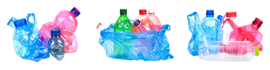 Fototapeta premium Arrangement Of Colorful Plastic Bottles And Bags Isolated On Transparent Background