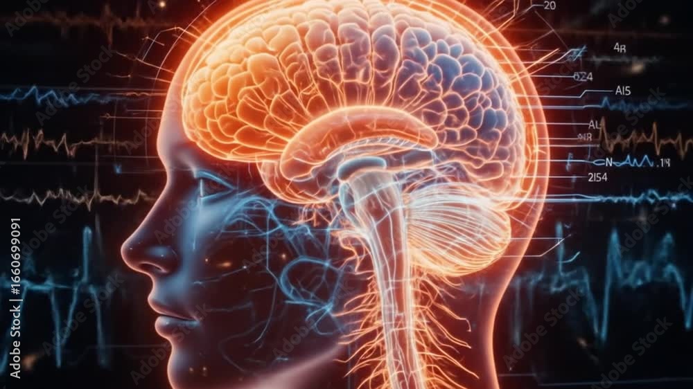 Poster anatomy of the human head and brain with various types of waveforms generated by brain activity on a