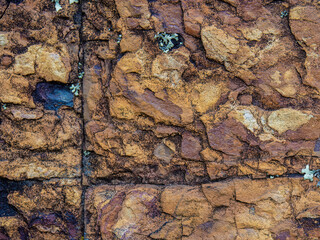 The texture of a rock wall with some lichen on it, found in a hill of the outskirts of the town of Cucaita, in the eastern Andean mountains of central Colombia.