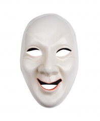 Close-up of white theatrical mask with cheerful smile and hollow eyes on transparent background