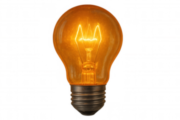 Glowing light bulb illuminating with warm orange light, isolated on a transparent background, perfect for creative projects