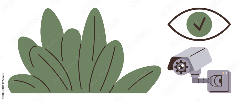 Poster green shrubs in foreground, security camera scanning area, eye icon with check mark representing app