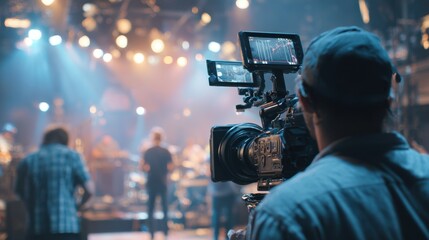 Medium shot of a camera operator checking lens focus on a professional video camera with indistinct performers rehearsing on stage in the background.