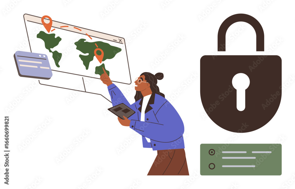 Poster person interacting with digital map marking locations while holding a tablet. large lock and server 