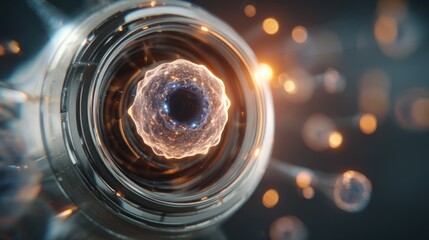 Focused medium shot of a futuristic microscope lens analyzing cellular regeneration with the surroundings softly blurred to emphasize longevity science progress.