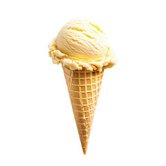 Single scoop of pale yellow ice cream in a waffle cone