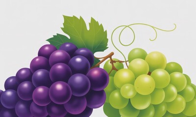 Fototapeta premium A vibrant illustration showcases two bunches of grapes?one dark purple, the other light green?joined by a vine with leaves, set against a neutral background. 