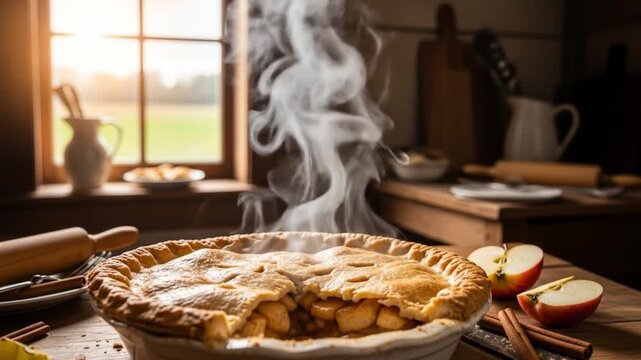 A steaming apple pie sits on a rustic wooden table halves of apples and cinnamon sticks nearby with a bright window in the background