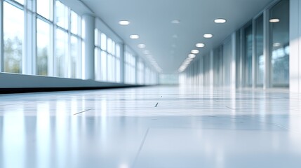 Long, Brightly Lit Modern Office Corridor With Clean White Walls And Reflective Floor, Minimalist Interior Design, Contemporary Architecture, Bright