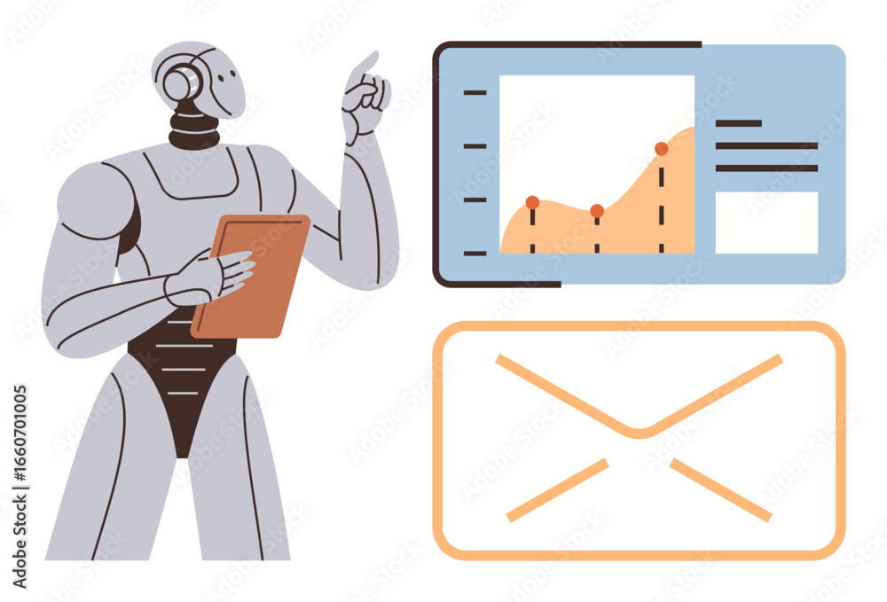 Poster robot holding clipboard gesturing towards graph analytics dashboard with email icon. ideal for autom