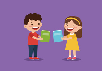 Obraz premium Two smiling children exchanging books, demonstrating friendship and sharing with joy.