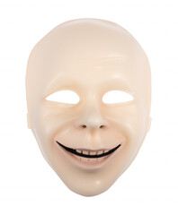 Close-up of a human-like plastic mask with a transparent background