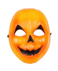 Halloween jack-o'-lantern mask with black elastic straps on transparent background