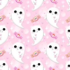 Seamless Cute Halloween Ghost Pattern with Pink Candy and Pastel Spooky Elements on Pink Background