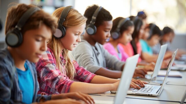 Medium shot capturing a multiethnic group of students wearing headphones and using laptops emphasizing tech integration and diverse learning styles in modern classrooms.