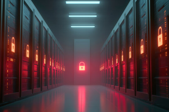 CPU board on computer motherboard with artificial intelligence in futuristic data center corridor with glowing red security lock warning
