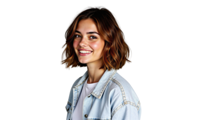 Isolated smiling 20 year old girl with wavy bob hair in light denim jacket