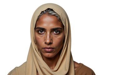 Isolated middle aged woman with gray hair in headscarf, Indo-Pakistani appearance