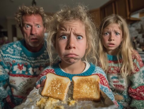 Family's shocked expressions over burnt toast with wide eyes and funny faces
