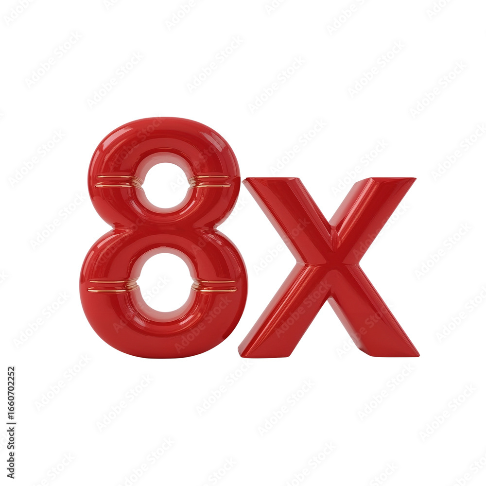 Poster glossy three-dimensional red 8x branding element floating on clean transparent ambience, for