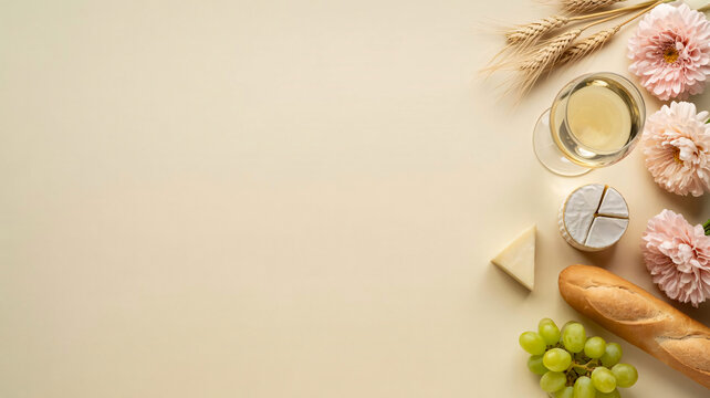 Rustic picnic flatlay with juice, baguette, cheese, grapes, flowers and wheat on beige background