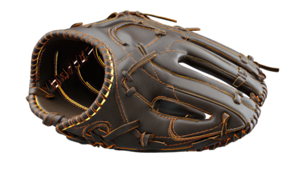 Baseball glove, dark brown leather, angled view