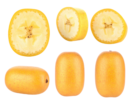 Arrangement of Golden Kiwifruit Slices and Whole Fruits on Transparent Background with Detailed Texture and Vibrant Yellow Hues