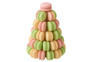 Colorful macarons forming a pyramid on transparent background
