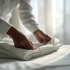 Fototapeta premium Hands carefully folding crisp white fabric with soft natural light illuminating the scene