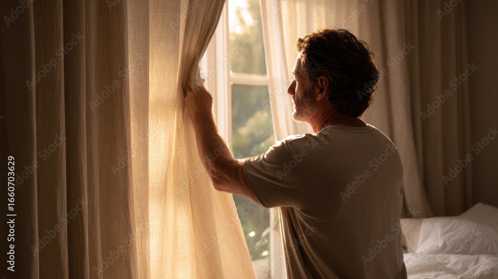 Poster focused medium shot of a person adjusting blackout curtains with the bedroom softly blurred illustra