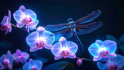 Plakat A mystical dragonfly with luminous, translucent wings resting on a branch of glowing bioluminescent orchids in an enchanted night garden