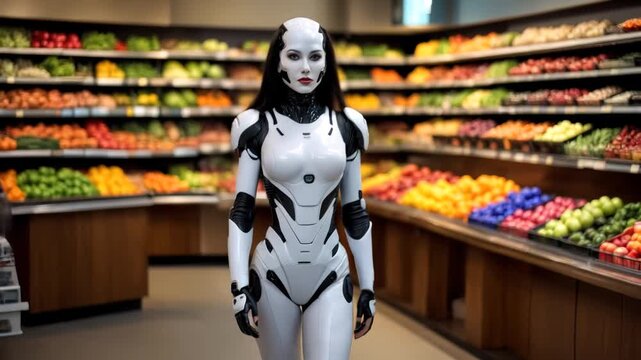 A futuristic robot standing in a vibrant grocery store, blending robotics with everyday life. Ideal for tech innovation, AI, and sci-fi retail projects.