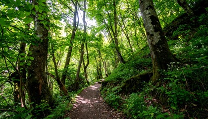 Fototapeta premium Lush forest trail bathed in sunlight