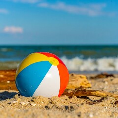 Colorful beach ball on sand